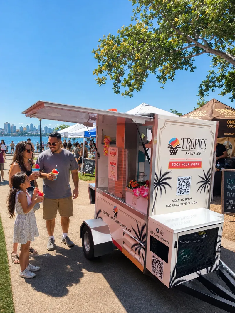 Tropics Shave Ice branded mobile cart serving at a Bay Area event