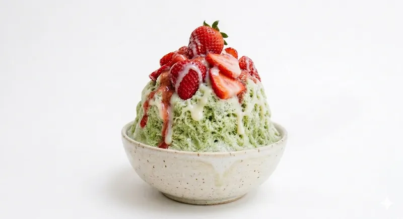 Strawberry matcha shave ice creation at a Bay Area event