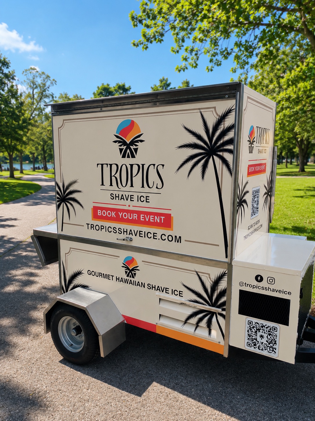 Tropics Shave Ice branded mobile cart, closed