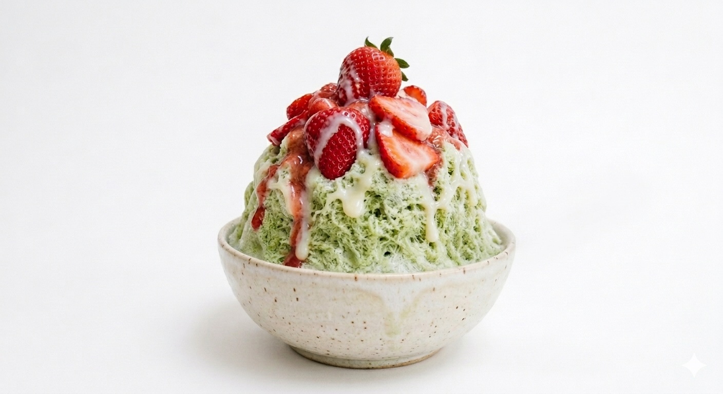 Strawberry matcha shave ice creation